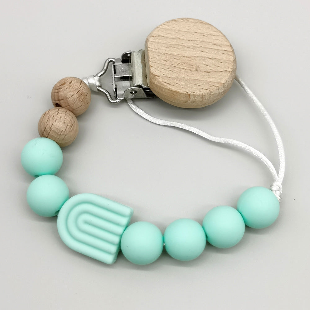 Infant Solid Color Rainbow Baby Pacifier Clip Beech Beads Silicone Bite Molar Drop-Preventing Chain