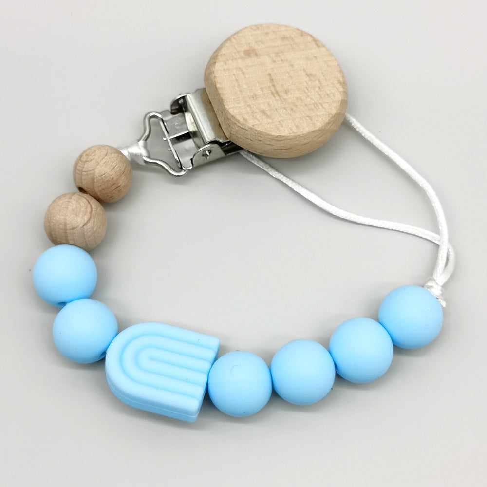 Infant Solid Color Rainbow Baby Pacifier Clip Beech Beads Silicone Bite Molar Drop-Preventing Chain