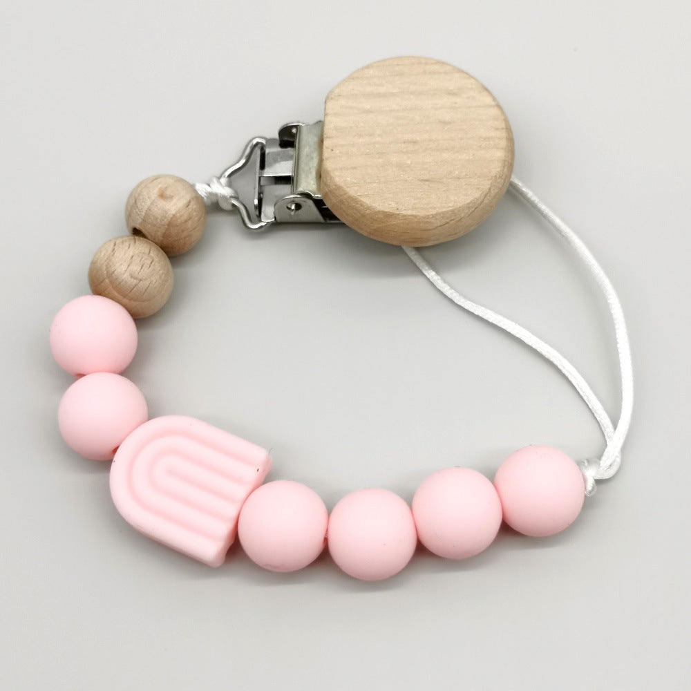 Infant Solid Color Rainbow Baby Pacifier Clip Beech Beads Silicone Bite Molar Drop-Preventing Chain