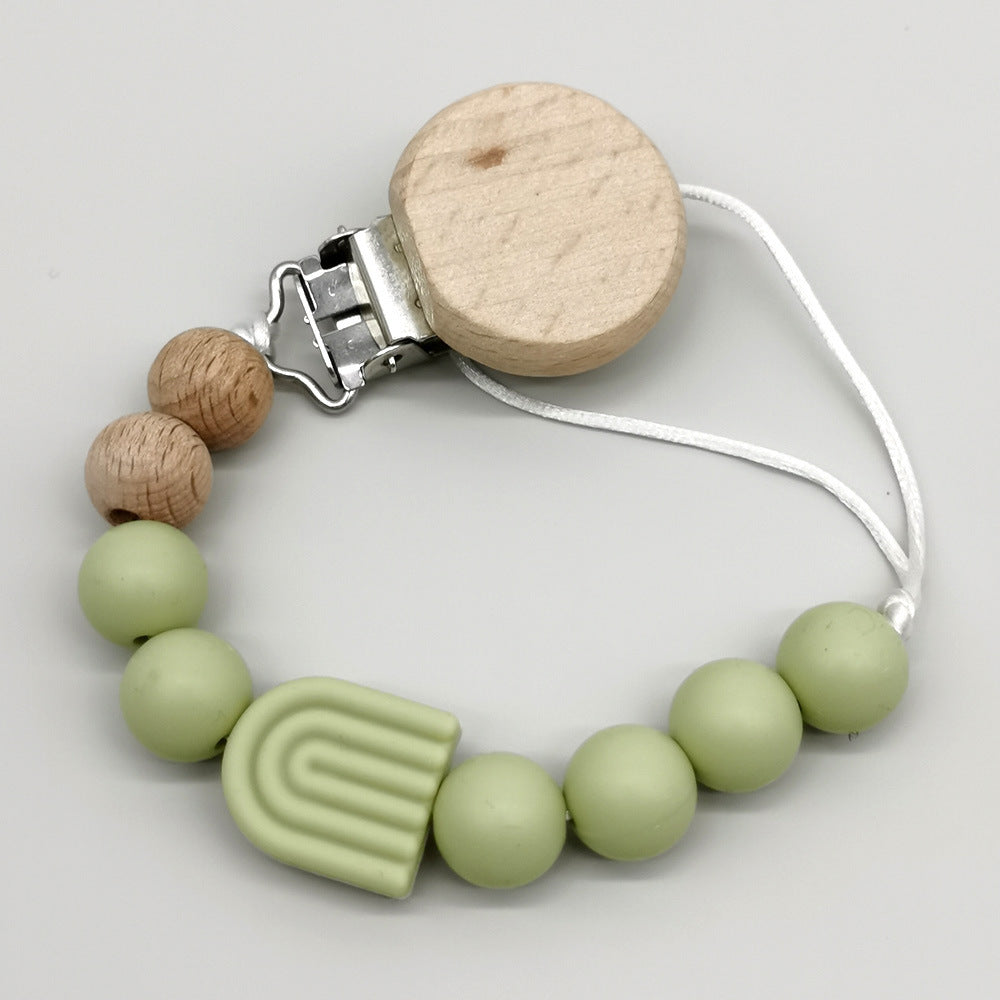 Infant Solid Color Rainbow Baby Pacifier Clip Beech Beads Silicone Bite Molar Drop-Preventing Chain