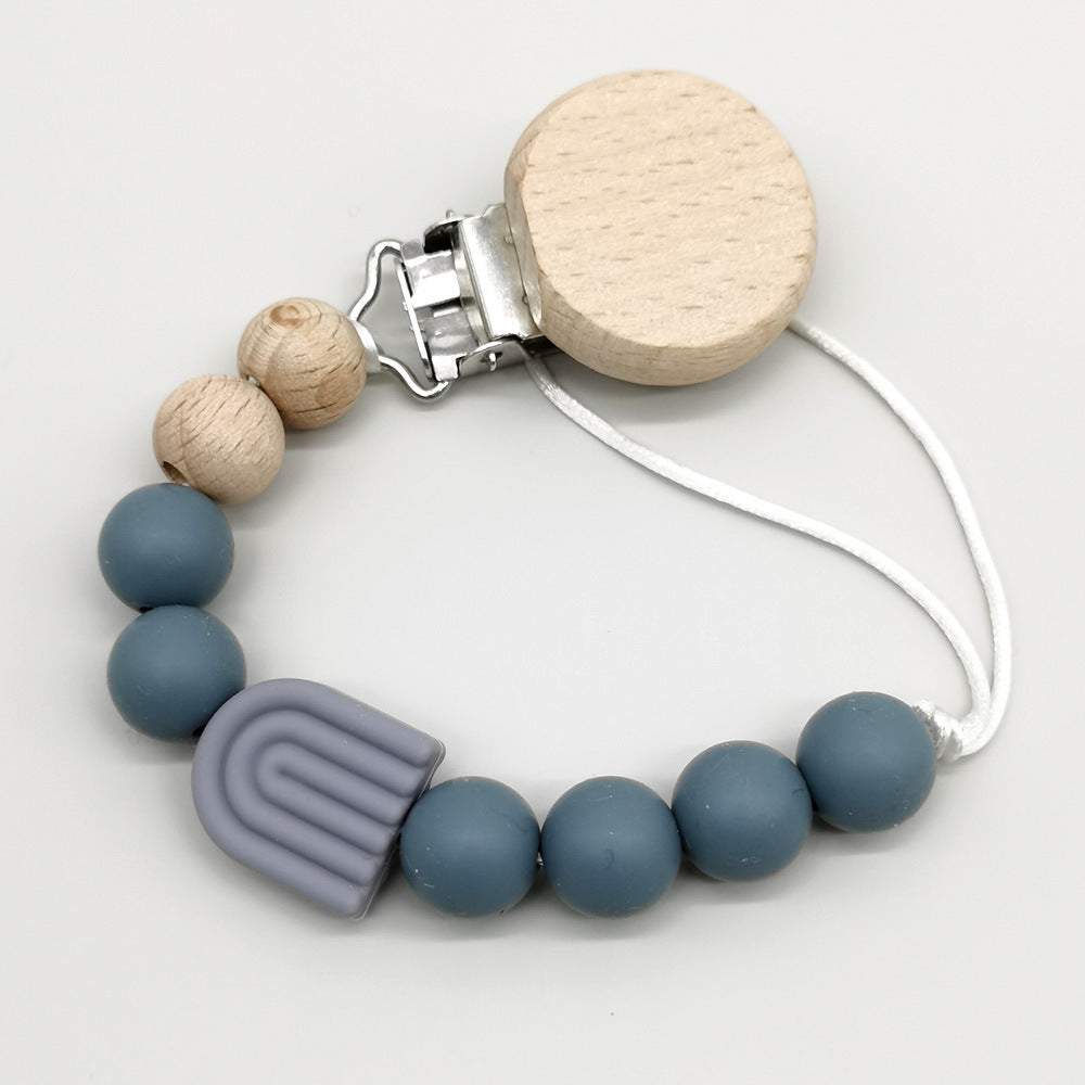Infant Solid Color Rainbow Baby Pacifier Clip Beech Beads Silicone Bite Molar Drop-Preventing Chain